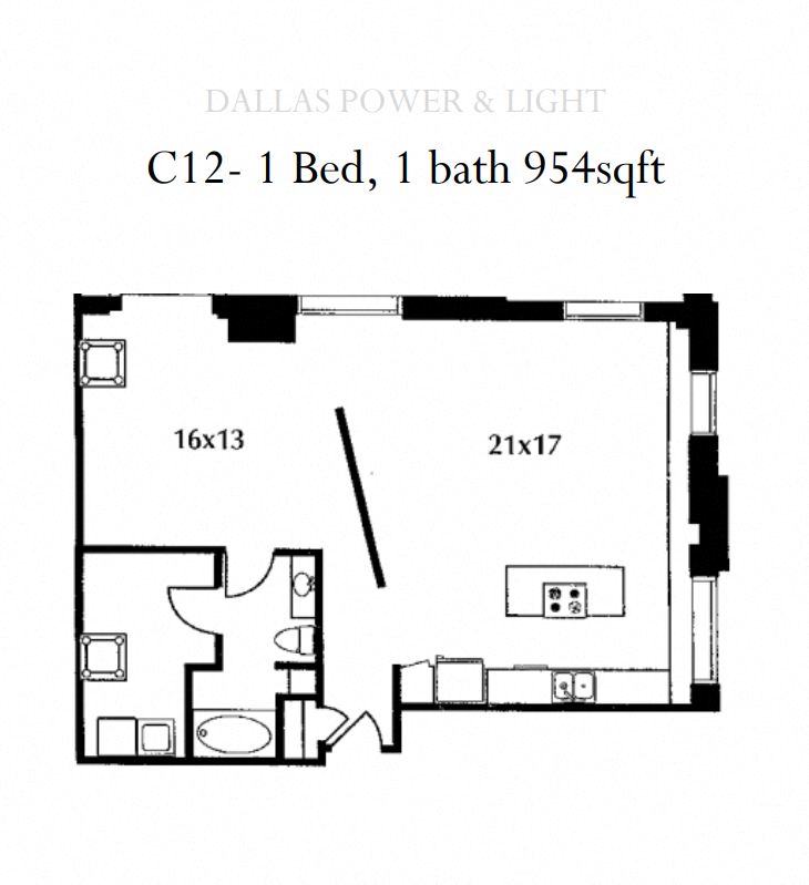 Floor plan for 1 bed, 1 bath, 954 sqft